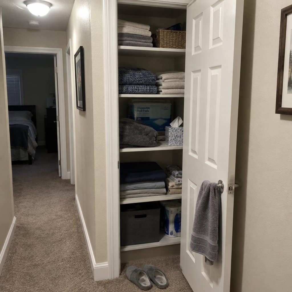 An open hallway closet with a stack of disposable bed pads pushed back on a high shelf behind a folded blanket and tissues