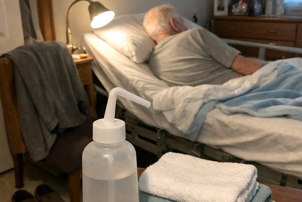 A portable squeeze bottle and stack of cloths sit on a nightstand beside a home care bed where an elderly man rests facing away from the camera
