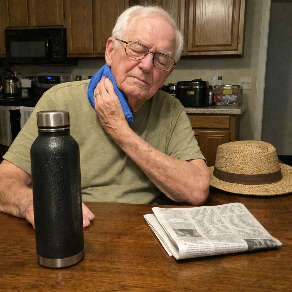 An older man with white hair and glasses presses a damp cooling towel to his neck at a kitchen table with an insulated water bottle in front of him