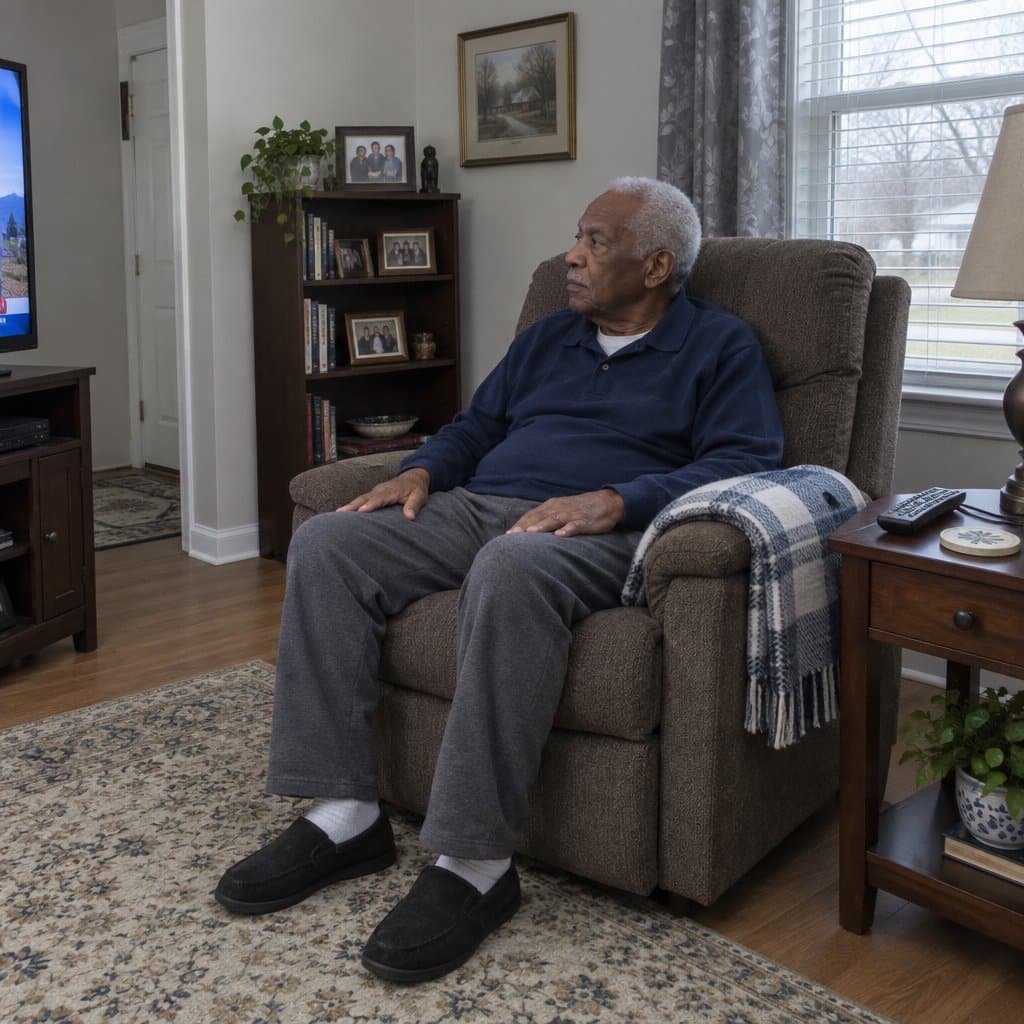 Elderly man seated upright in a living room recliner with hands on his thighs, looking toward a television, a folded blanket draped over the armrest beside him