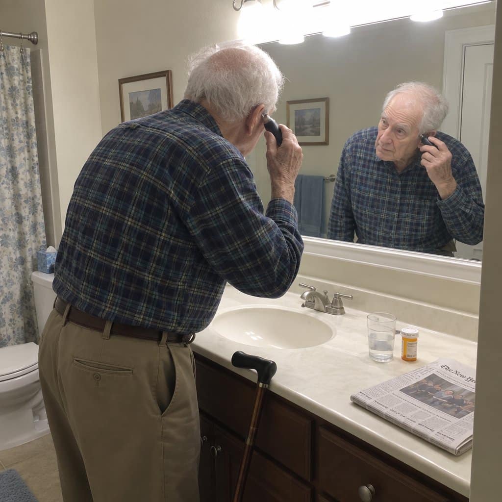 An elderly man with a cane propped beside him leans toward a bathroom mirror, holding a small trimmer near his ear while looking at his reflection