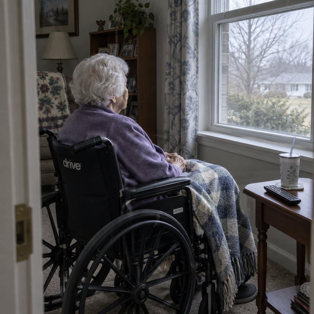 Elderly woman with white hair seated in a wheelchair near a living room window, hands folded in lap, looking outside, a folded blanket across her legs and a cup with a straw on the side table