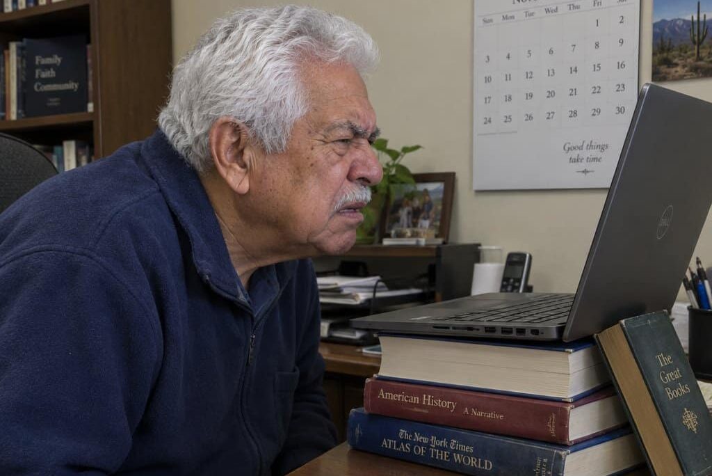 An older man leaning forward squinting at a laptop propped on a stack of books with a hardcover wedged underneath it at an imprecise angle, a crossword puzzle at the desk edge