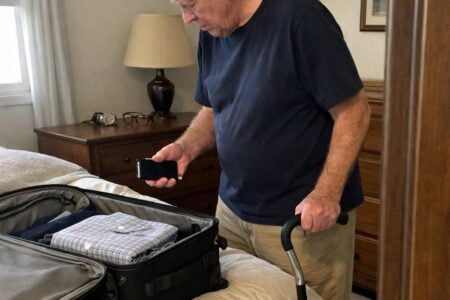 An older man with a quad cane standing beside an open suitcase on a bed, holding a portable charger and looking down into the bag