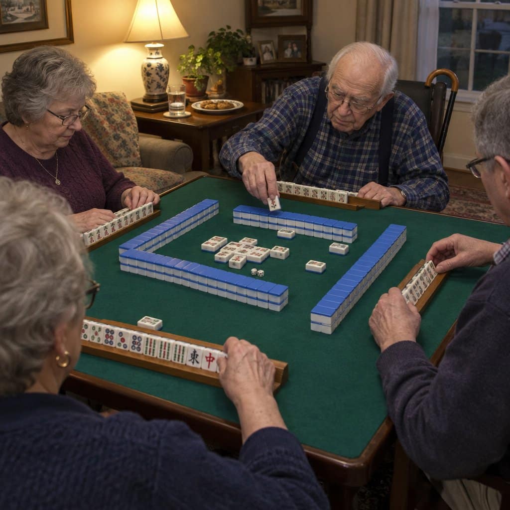 Four older adults playing mahjong on a felt-covered card table, one man with a cane hooked on his chair reaching for a tile