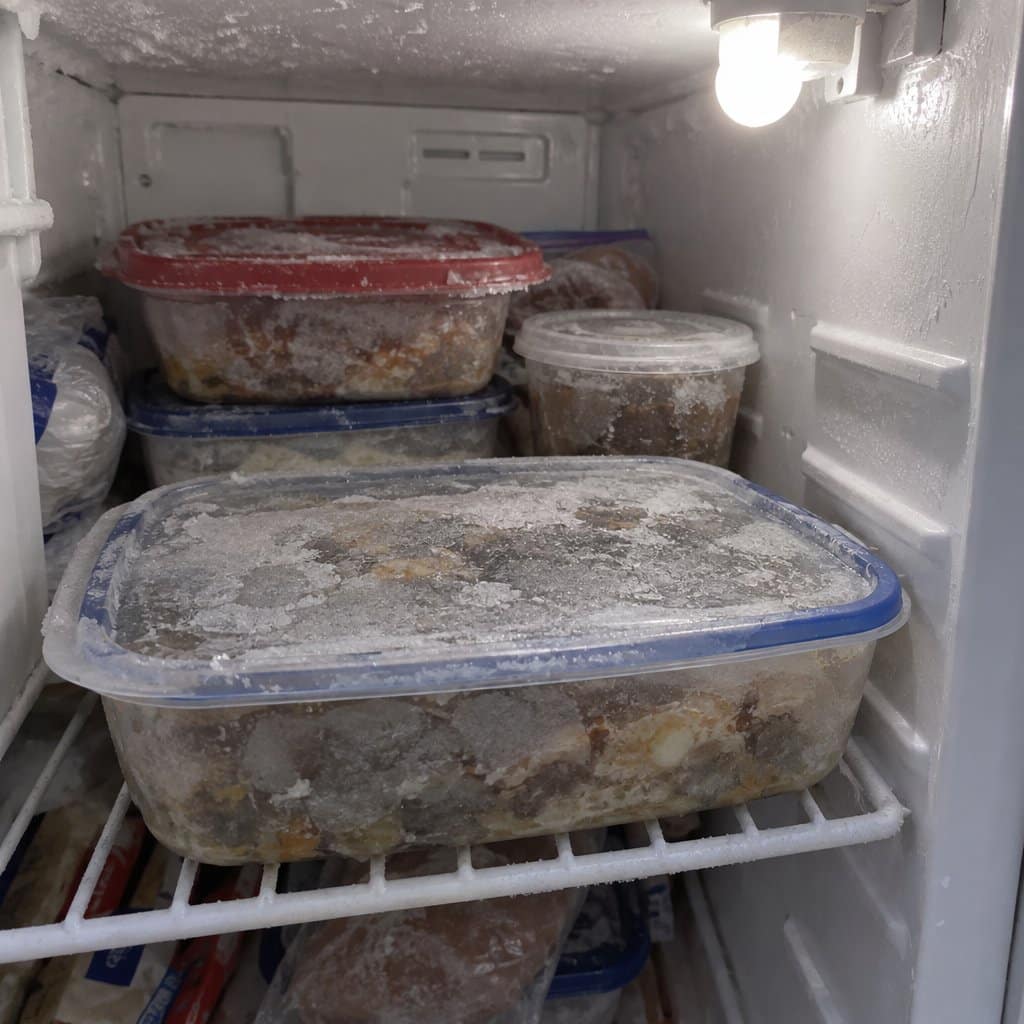 A plastic container of casserole with visible freezer burn and ice crystals on the lid, sitting in an open home freezer alongside other containers