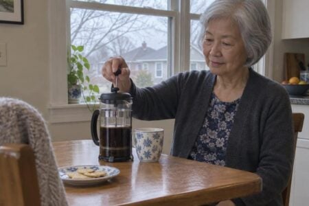 An older woman pressing a French press plunger down smoothly with one hand at a kitchen table, her other hand resting relaxed in her lap