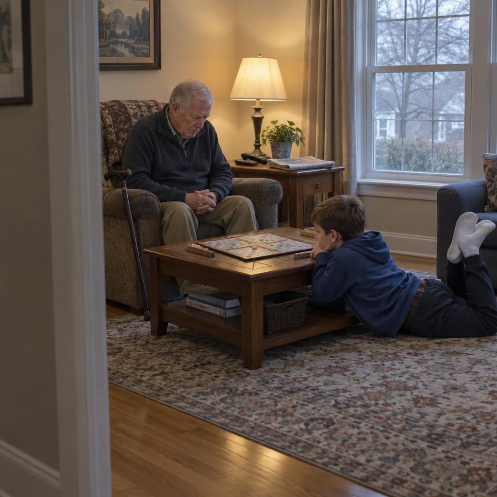 An older man in an armchair and a young boy lying on the floor both study the same game board on a coffee table between them