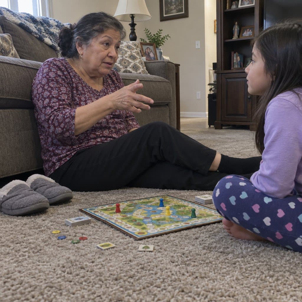 An older woman sitting on the floor explains a board game to a young girl sitting across from her