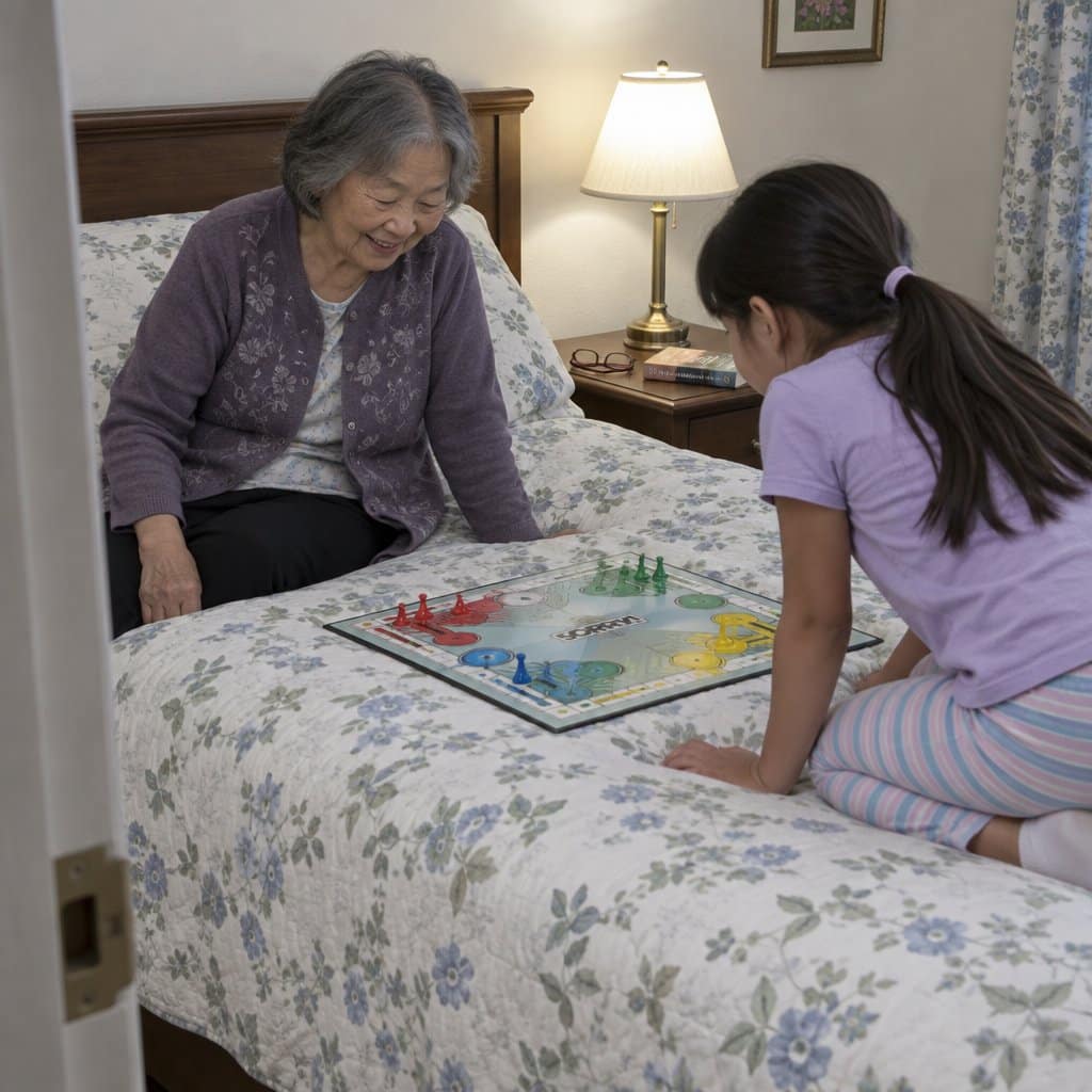 An older woman and a young girl play a board game sitting across from each other on a bed