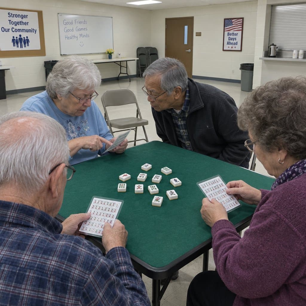 Four older adults sit around a card table looking at reference cards with mahjong tiles spread face-up between them