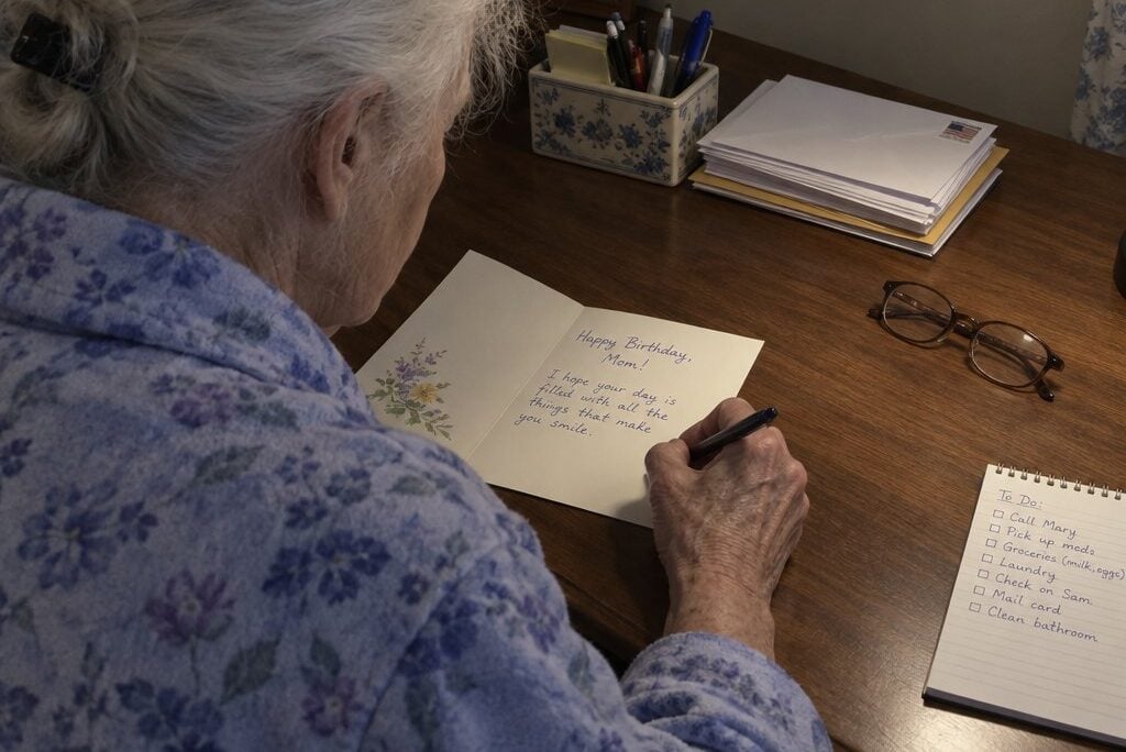 An older woman sitting at a home writing desk, looking down at a birthday card she is writing, with envelopes, a notepad, and reading glasses on the surface beside her