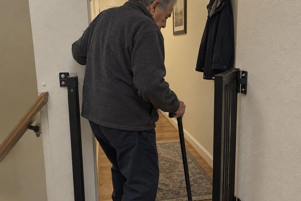 An older man using a cane passes through an open walk-through safety gate at the top of a staircase, one hand resting on the gate frame