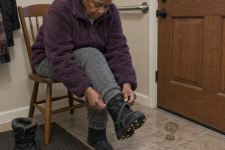 An older woman seated in a chair near her front door, leaning forward to pull an ice cleat off her boot, with a grab bar mounted on the wall beside her and wet boot prints on the tile floor