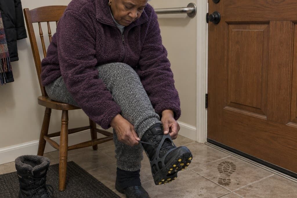 An older woman seated in a chair near her front door, leaning forward to pull an ice cleat off her boot, with a grab bar mounted on the wall beside her and wet boot prints on the tile floor