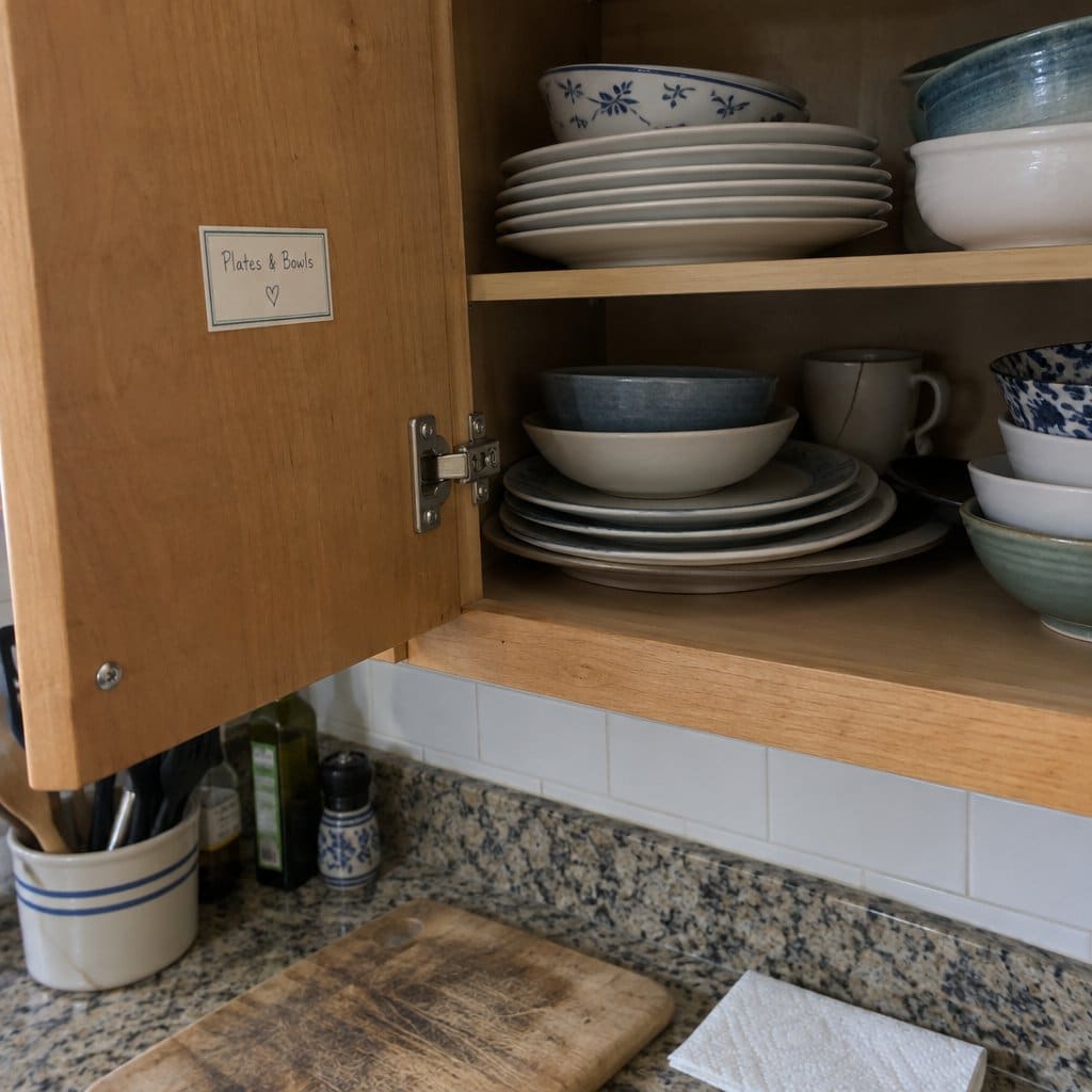 The inside face of an open kitchen cabinet door showing a small label, with stacked dishes visible on the shelves behind it