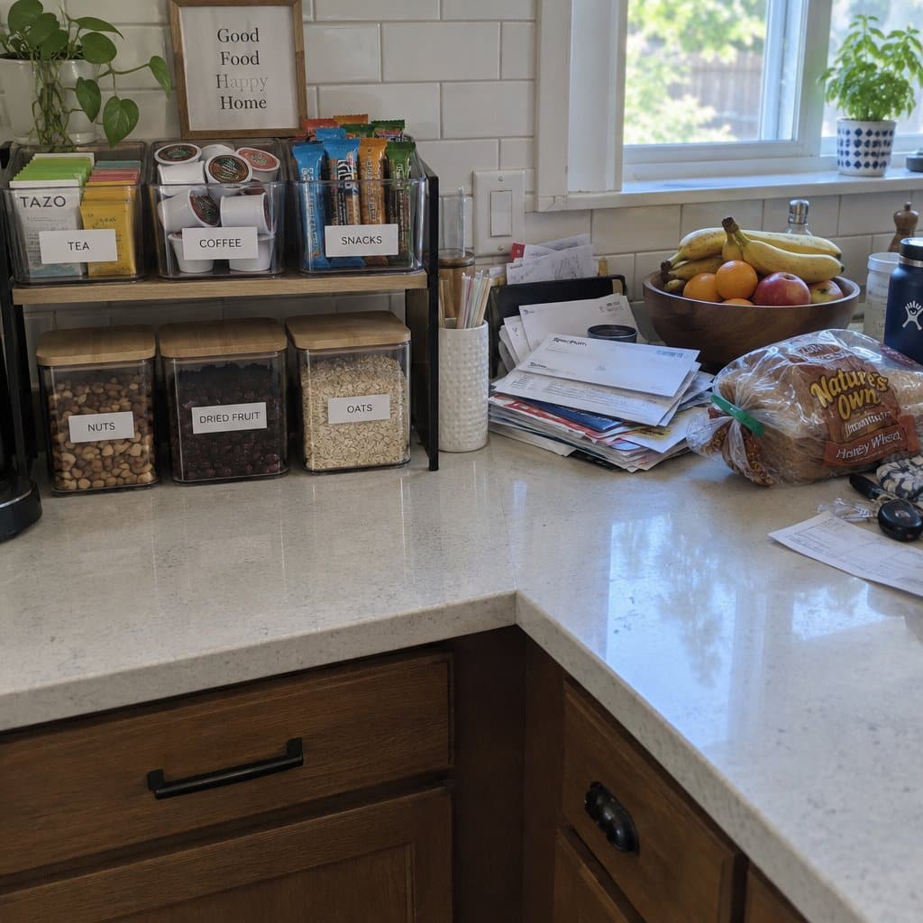 A kitchen counter split between a neatly labeled organized section and a cluttered everyday section with mail and a fruit bowl