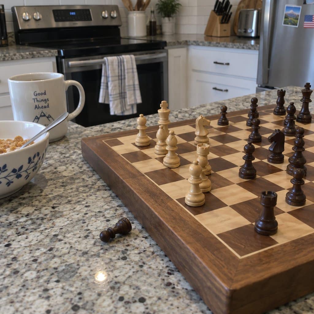 A chess board mid-game on a kitchen counter with a piece knocked over on its side