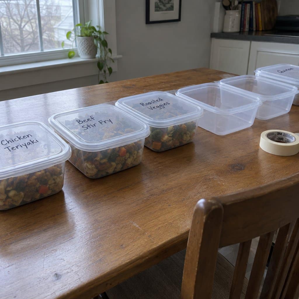 A row of plastic meal prep containers with handwritten labels on a kitchen table, some open, with masking tape nearby