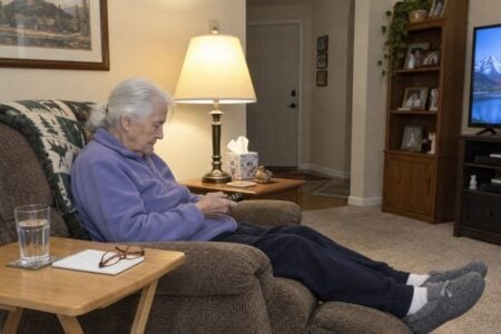 An older woman sitting in a recliner with her feet up, pressing a small remote while a lamp beside her is lit