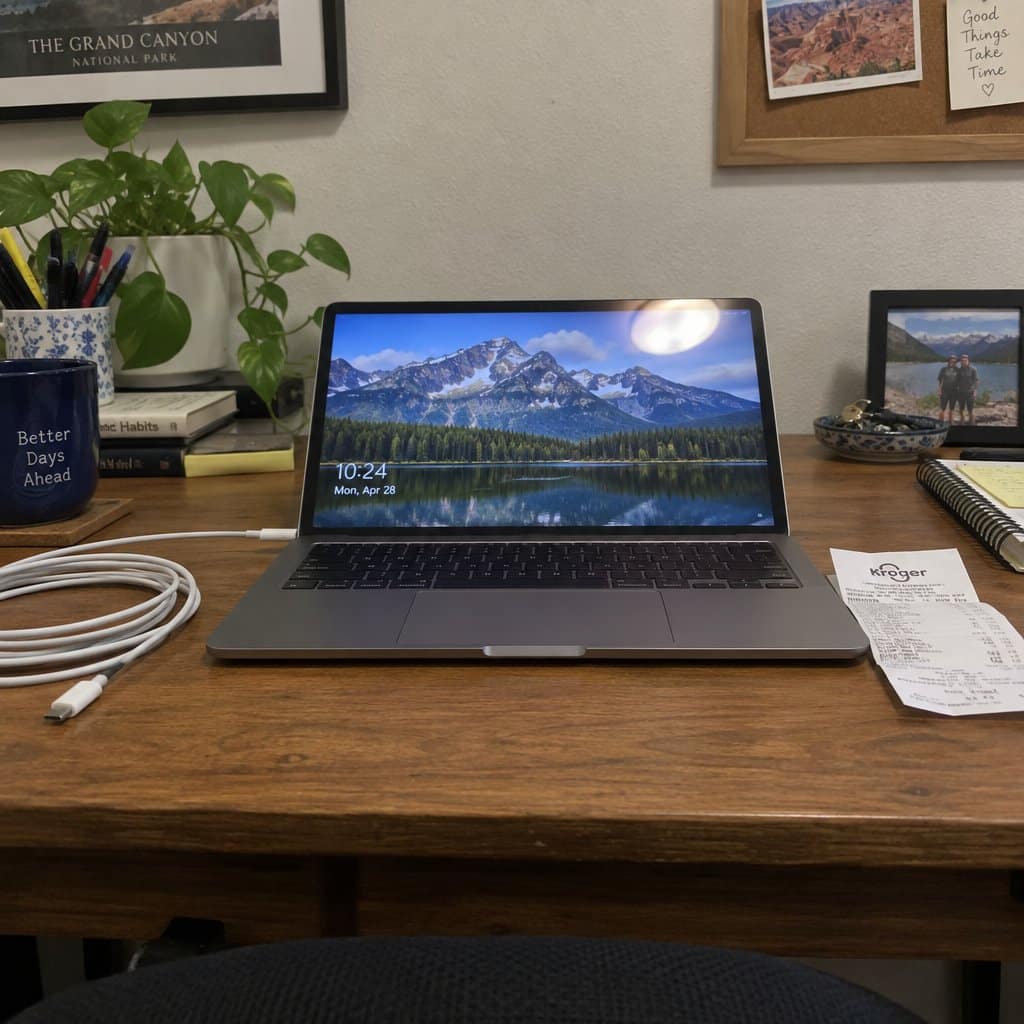 A laptop flat on a desk with the screen open, positioned several inches below seated eye level, reflecting overhead light, with a charging cable and a folded receipt nearby