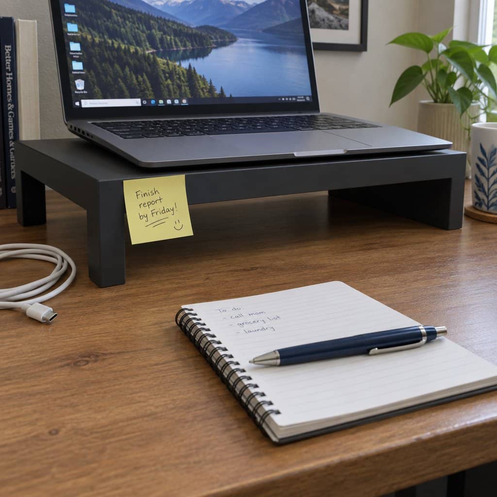 A laptop sitting on a plain monitor riser on a home desk, a charging cable, sticky note, and open notebook visible on the desk surface around it