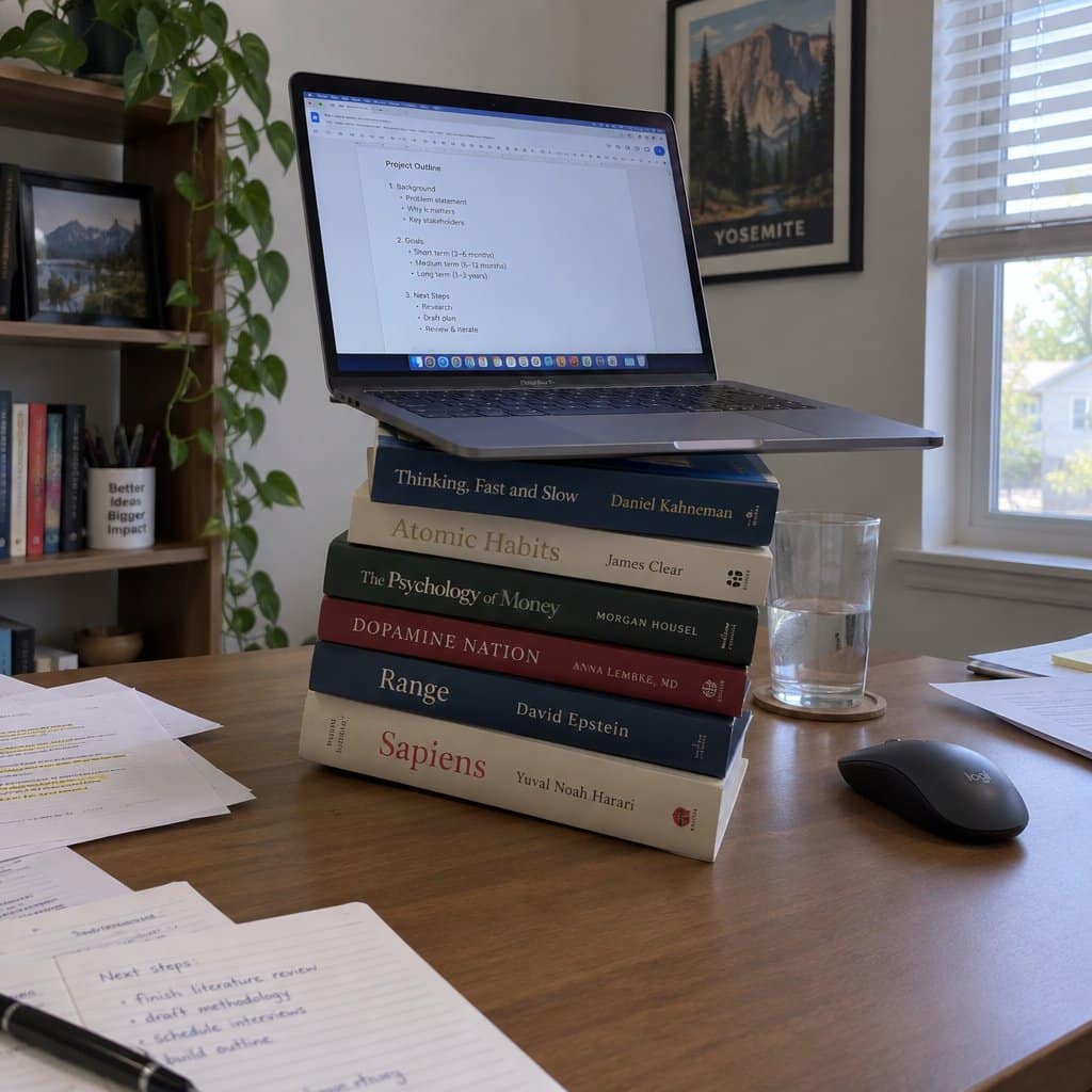 A laptop propped on an uneven leaning stack of hardcover books on a desk, with a wireless mouse beside it and loose papers spread nearby