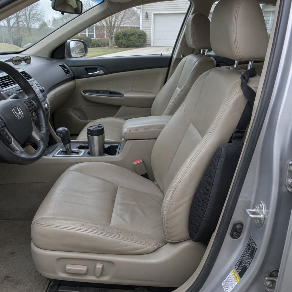 A lumbar pillow that has slid sideways off the driver's seat back and is wedged between the seat and the car door, with its strap loosely looped around the headrest post