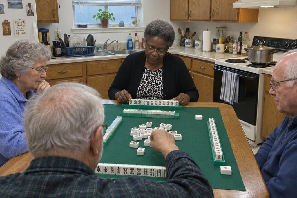 Four older adults seated around a kitchen table playing mahjong on a mat, tiles arranged in front of each player