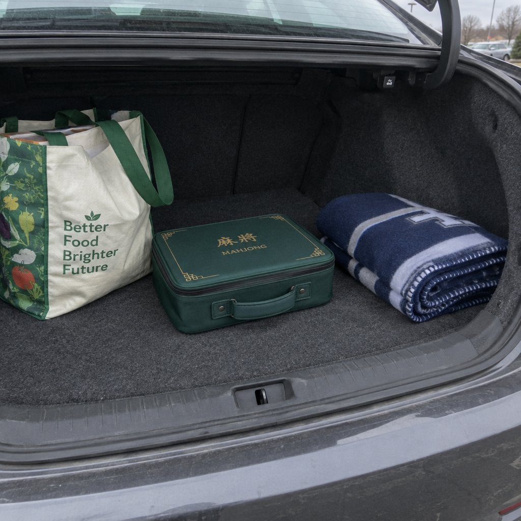 A compact mahjong carrying case sits in an open car trunk next to a grocery bag and a folded blanket