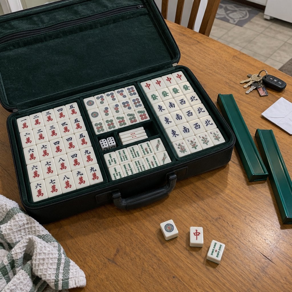 An open mahjong carrying case with tiles in their tray and racks laid beside it sits on a kitchen table