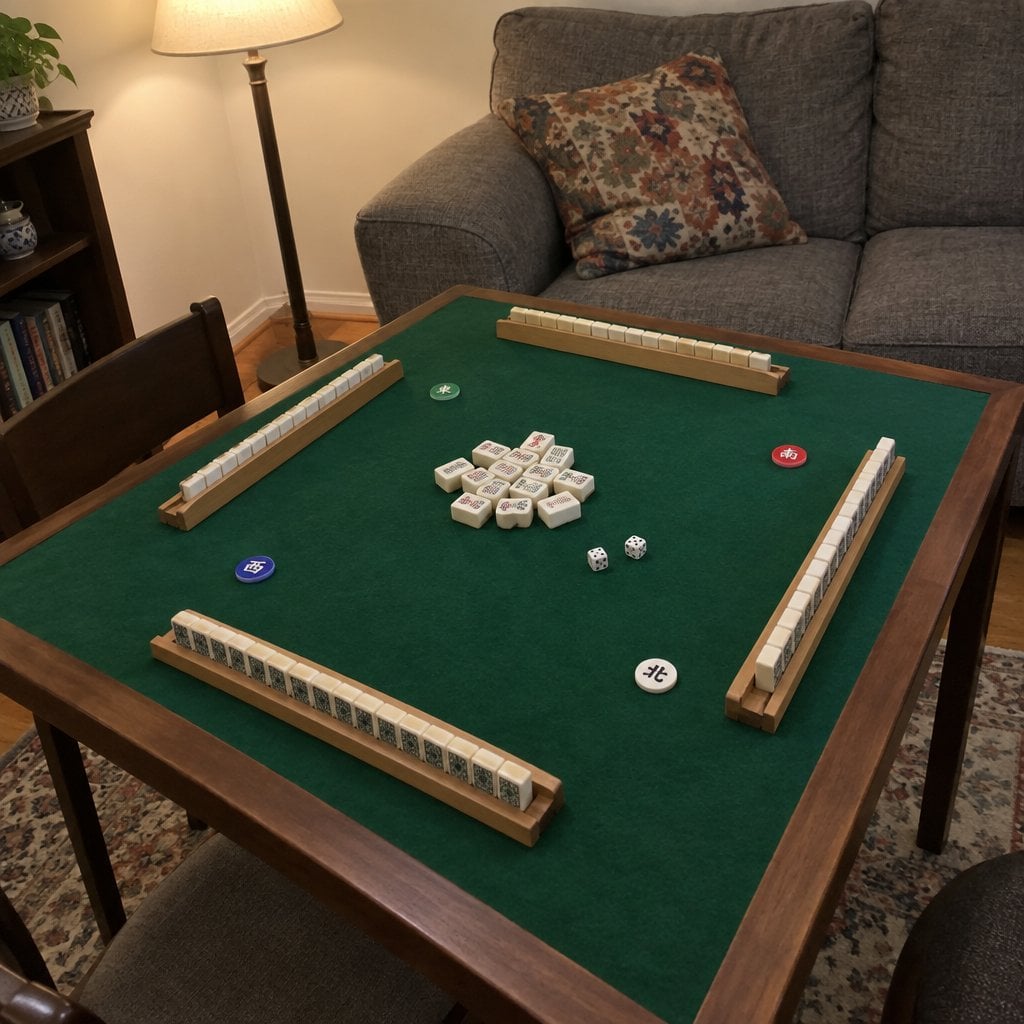A card table with a felt surface is set up with mahjong tile racks, tiles, dice, and wind markers in a living room