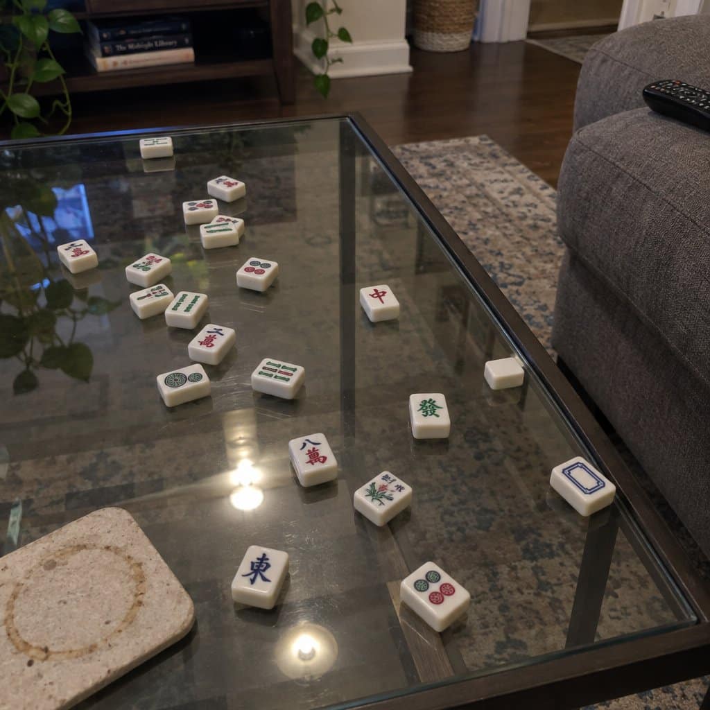 Mahjong tiles scattered and angled across a reflective glass coffee table surface, with some tiles near the edge and a stained coaster at the corner
