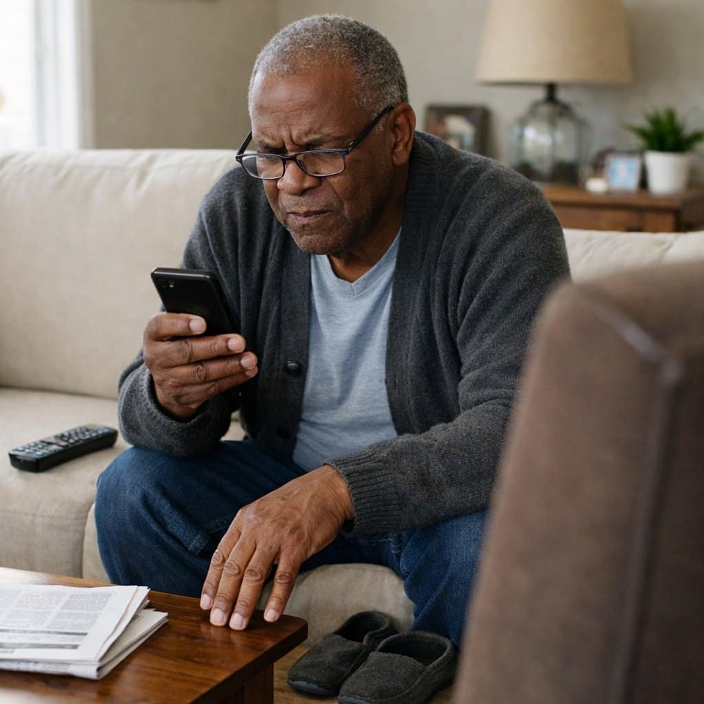 An older man sits forward on a couch squinting at his phone screen with a focused and slightly frustrated expression, a newspaper on the coffee table in front of him