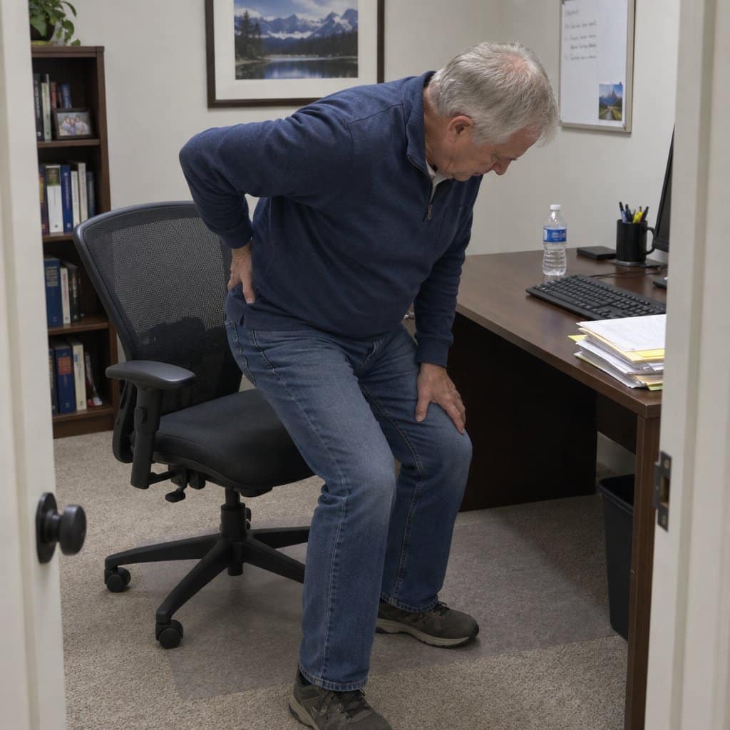 Older man mid-rise from an office chair pressing one hand into his lower back, looking downward, desk with papers and a water bottle visible behind him
