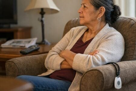 An older woman sitting in an armchair with arms crossed, a medical alert pendant resting unused on the chair arm beside her