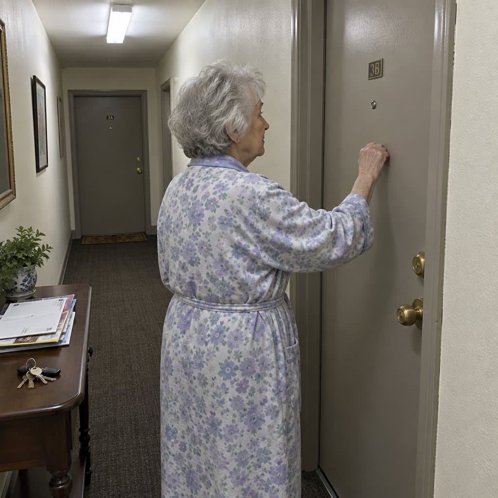 An older woman in a hallway with her knuckles raised to knock on a closed apartment door
