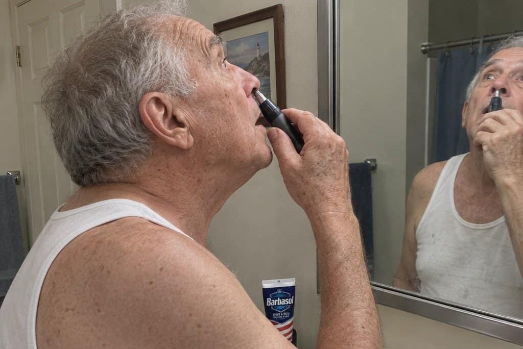 An older man in an undershirt stands at a bathroom sink with head tilted back, holding a small trimmer near his nose while looking up at the mirror