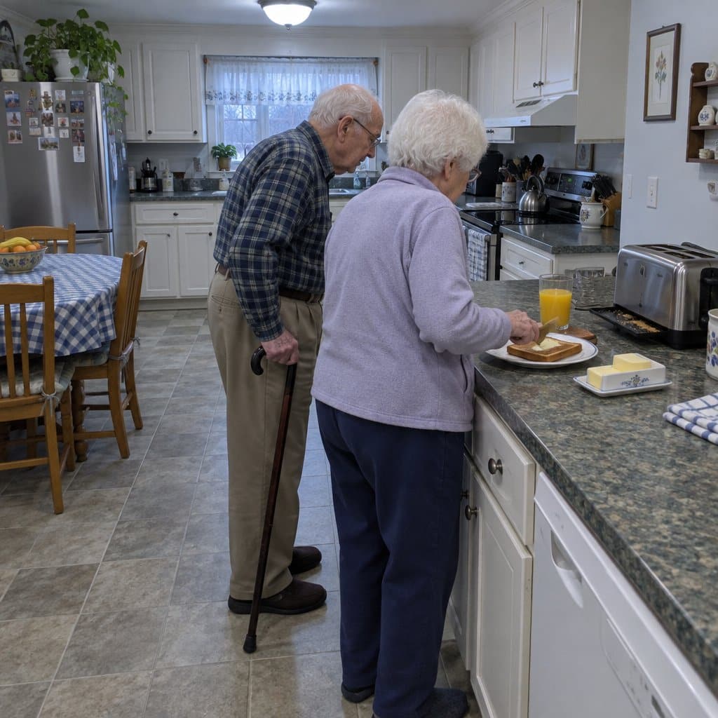 An older couple standing at a kitchen counter, one spreading butter on toast with a wide-handled knife while the other watches, a cane hooked on the counter edge