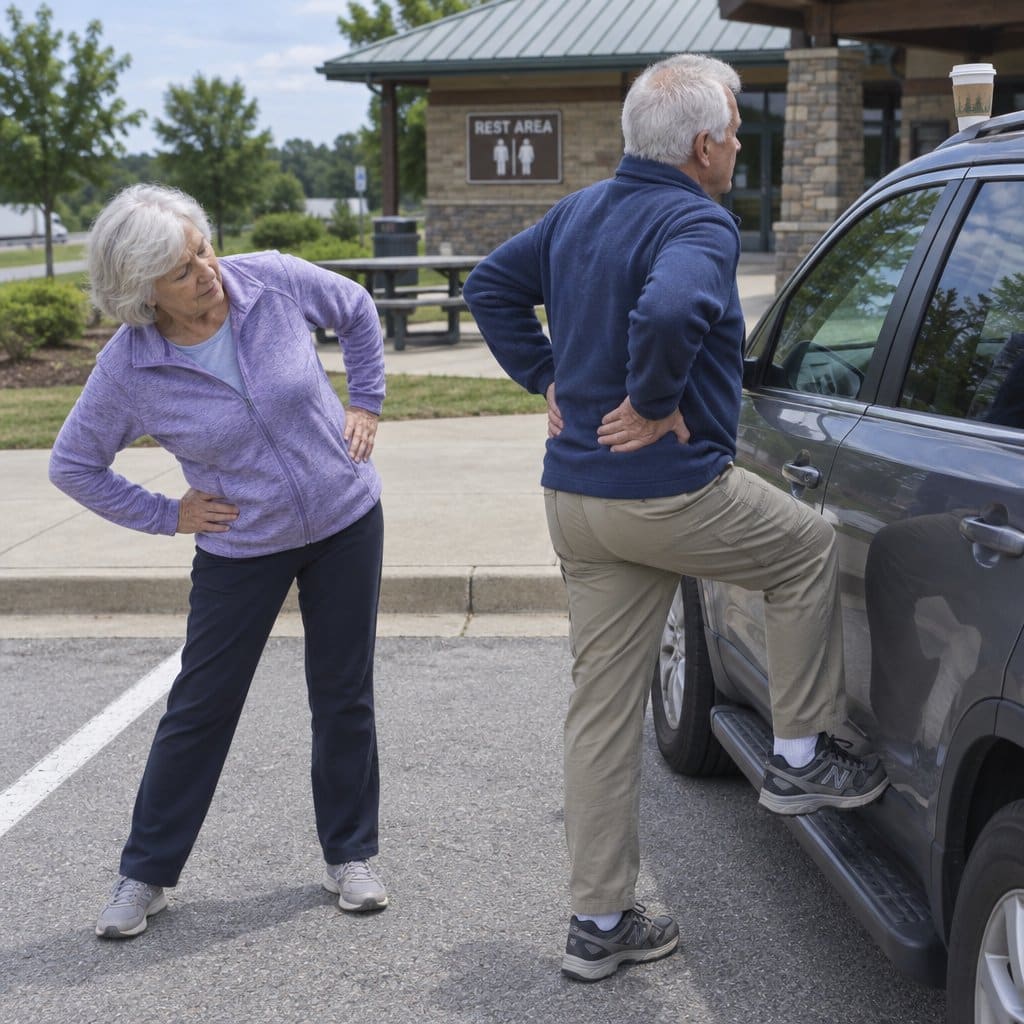 An older couple stretching outside their car at a highway rest stop, one doing a side bend and the other standing with hands pressed against the lower back