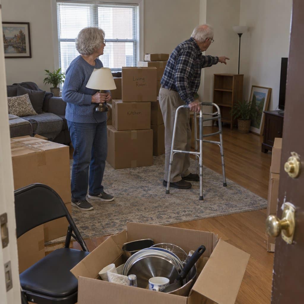 An older couple standing among unpacked boxes in a small apartment living room, one using a walker, both looking around the space