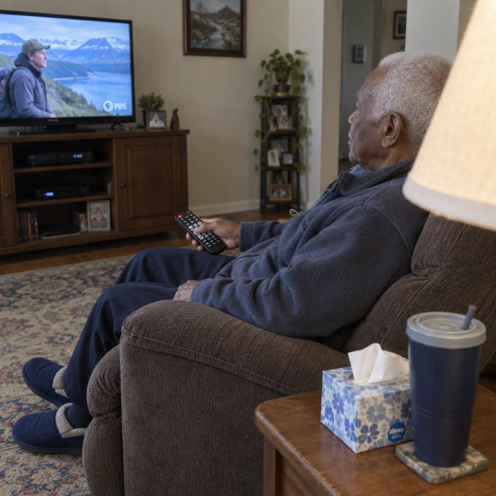 An older man sits calmly in a recliner holding a large-button TV remote while watching television