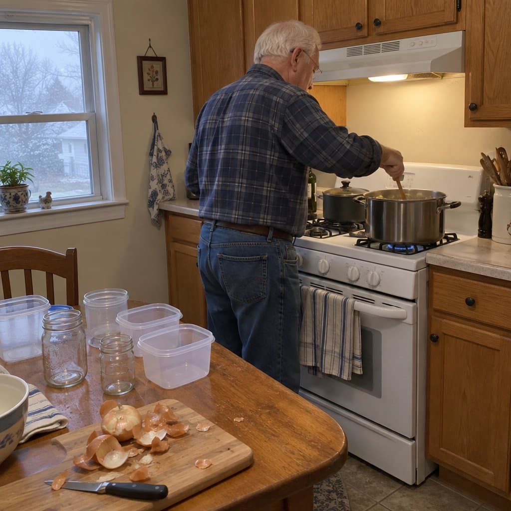 An older man stirring a large pot on a stove with a second pot simmering nearby, empty containers on the kitchen table behind him and onion skins on a cutting board