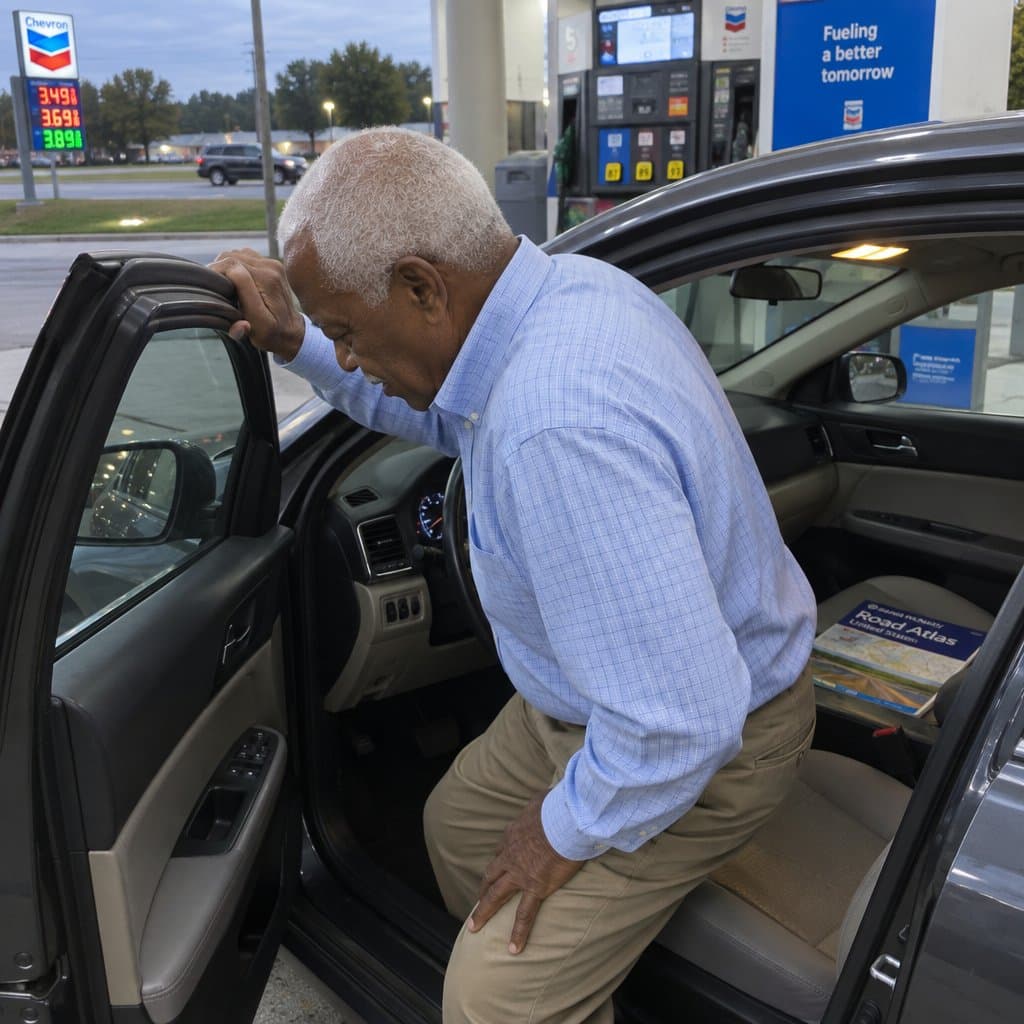 An older man carefully easing himself out of a car driver's seat at a gas station, gripping the door frame with one hand and his thigh with the other