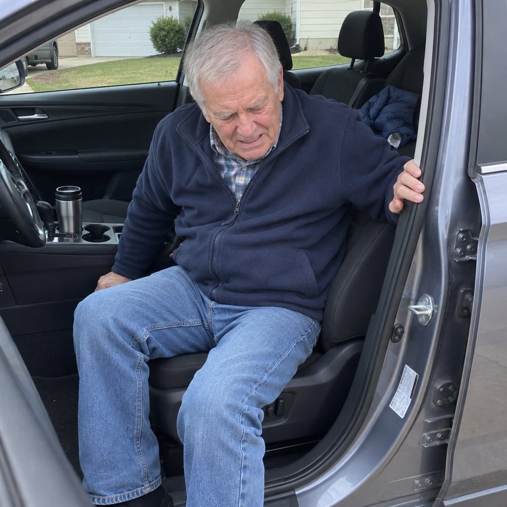 Older man turning to exit a car through the open passenger door, gripping the door frame, looking down at the ground with a pained expression, travel mug visible in the cupholder