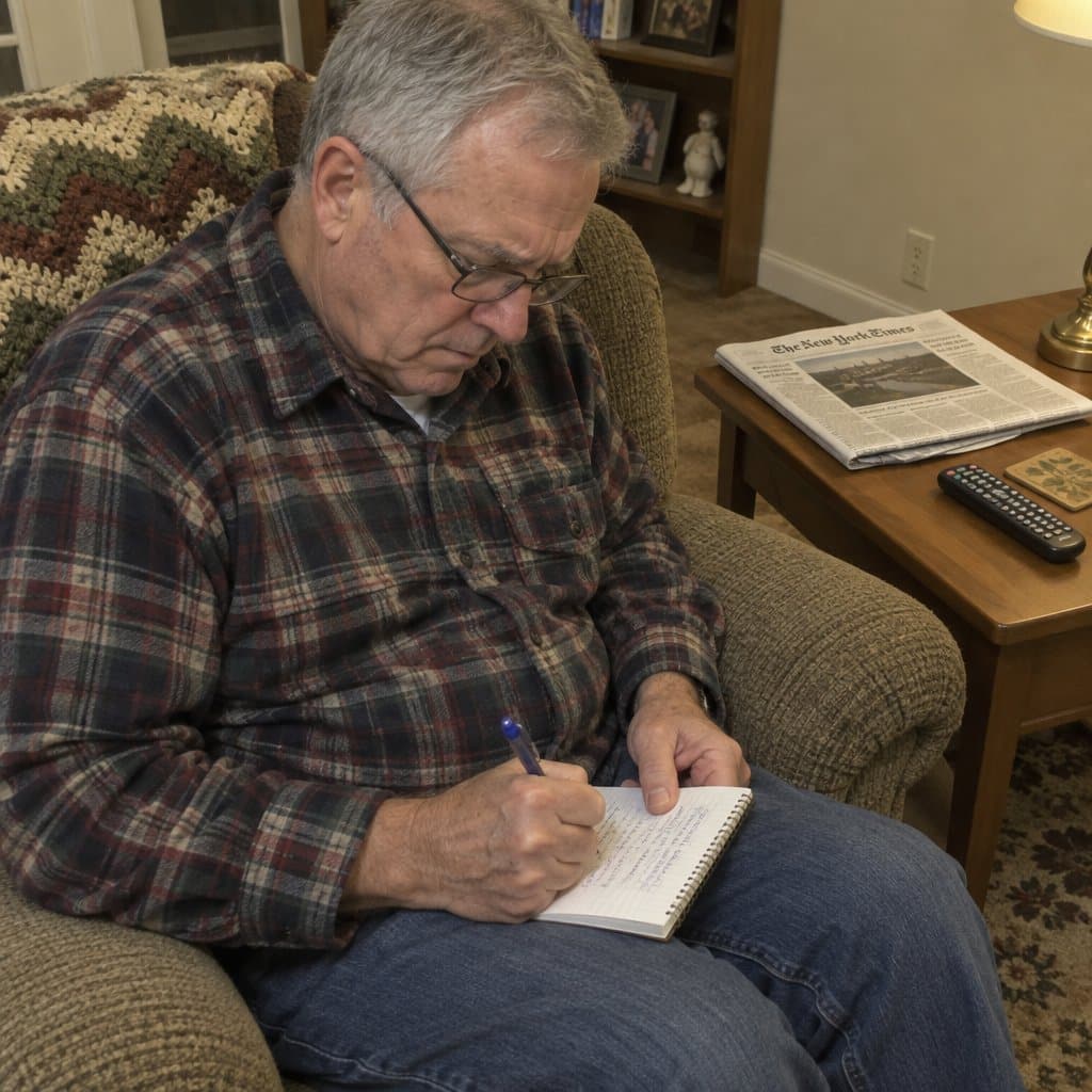 An older man in an armchair pressing a pen firmly into a notebook on his knee, with a newspaper and remote on the side table beside him