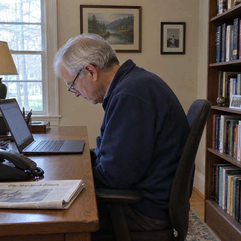 An older man in profile sitting hunched at a wooden desk, head dropped low to view a laptop flat on the desk surface, a bookshelf at the edge of the frame