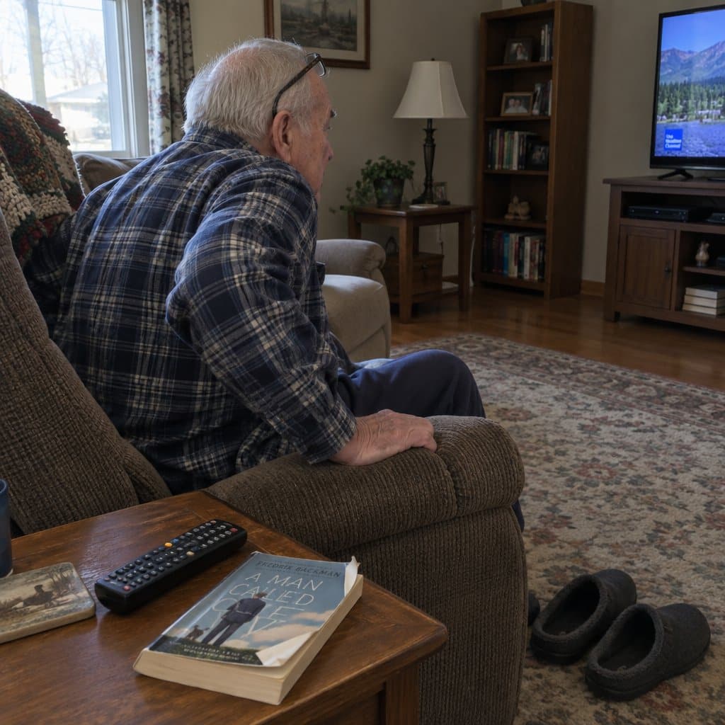 An older man in a recliner leaning forward to push himself up, with a lamp visible and unlit across the room