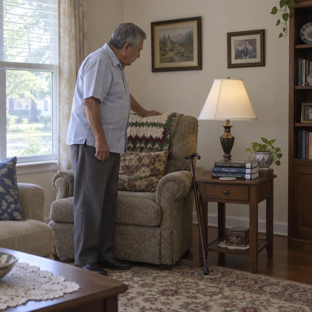 An older man standing beside an armchair looking at a lamp repositioned on the side table next to him, a cane leaning against the chair