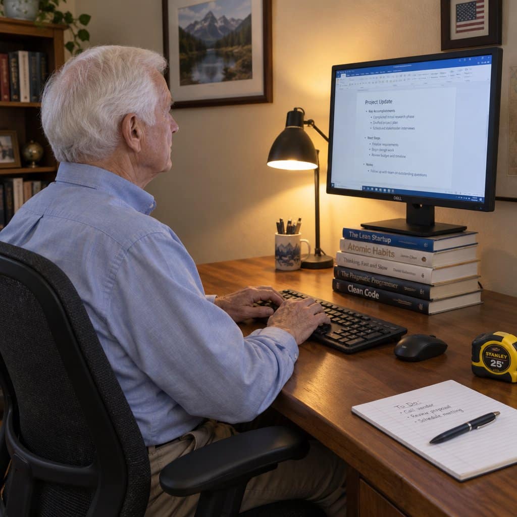 An older man sitting upright at a desk, eyes level with a monitor raised on books, a small lit desk lamp casting warm light on the wall beside the screen